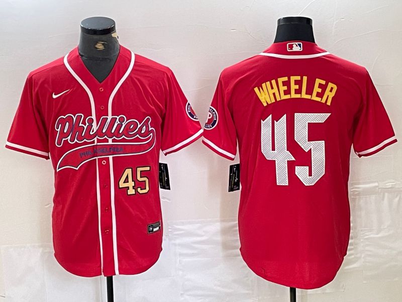 Men Philadelphia Phillies 45 Wheeler Red Jointly Nike 2024 MLB Jersey style 1